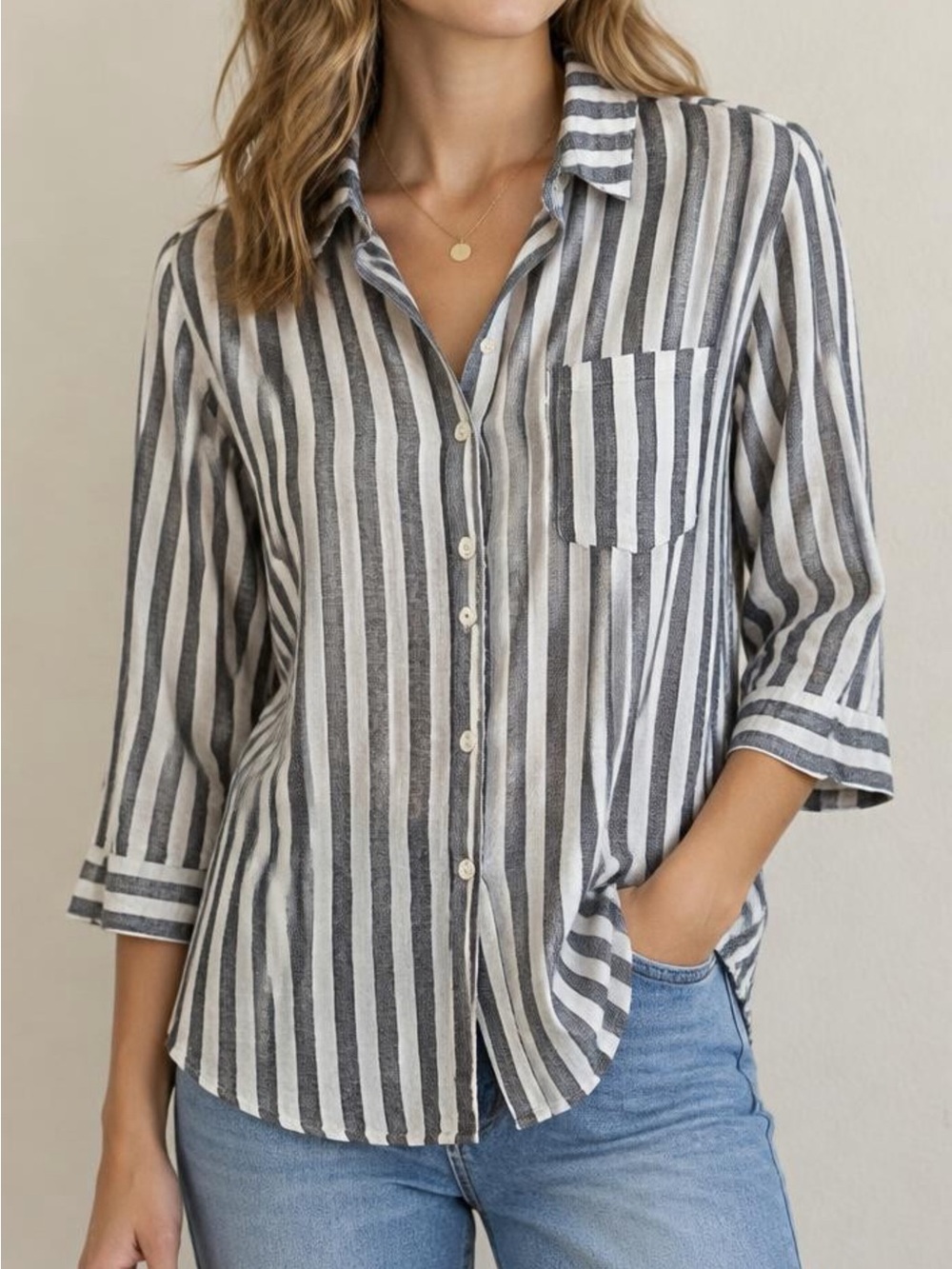 Habitat Vertical Stripe Button-Up Shirt - Gray & White Sz S All Linen